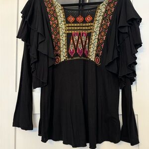 Free People Black Long Sleeve Embroidered Top size Small